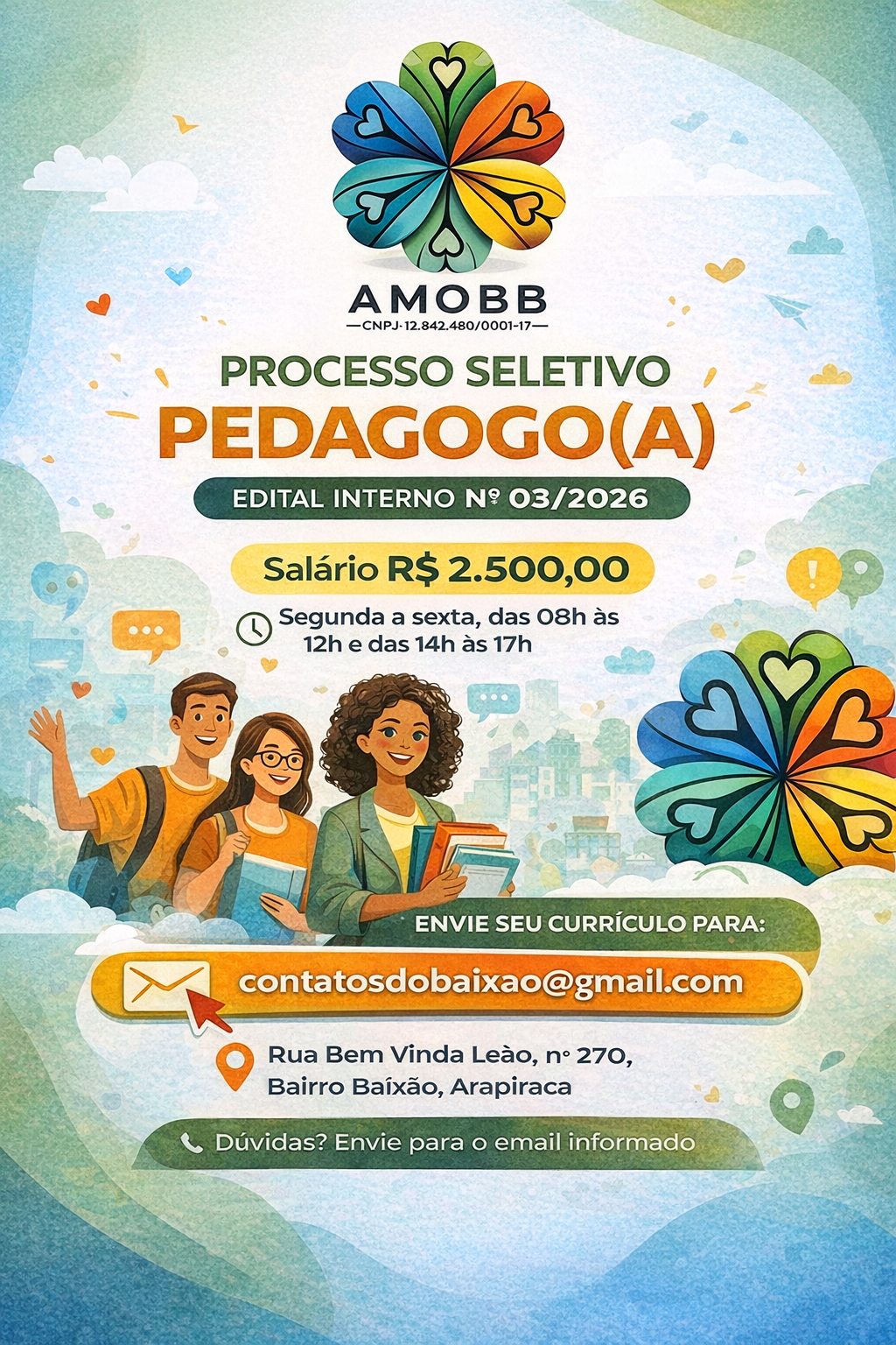 AMOBB abre seleção para pedagogo em projeto social voltado a crianças e adolescentes em Arapiraca