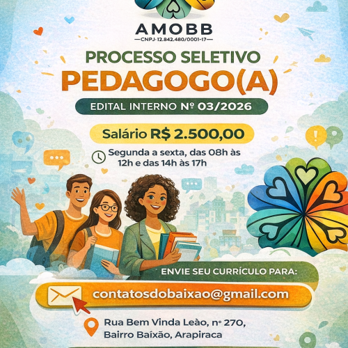 AMOBB abre seleção para pedagogo em projeto social voltado a crianças e adolescentes em Arapiraca